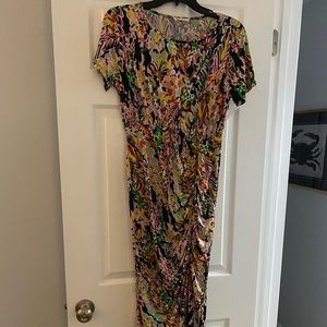Pink blush maxi high slit pink and blue multi print dress. Maternity size xl